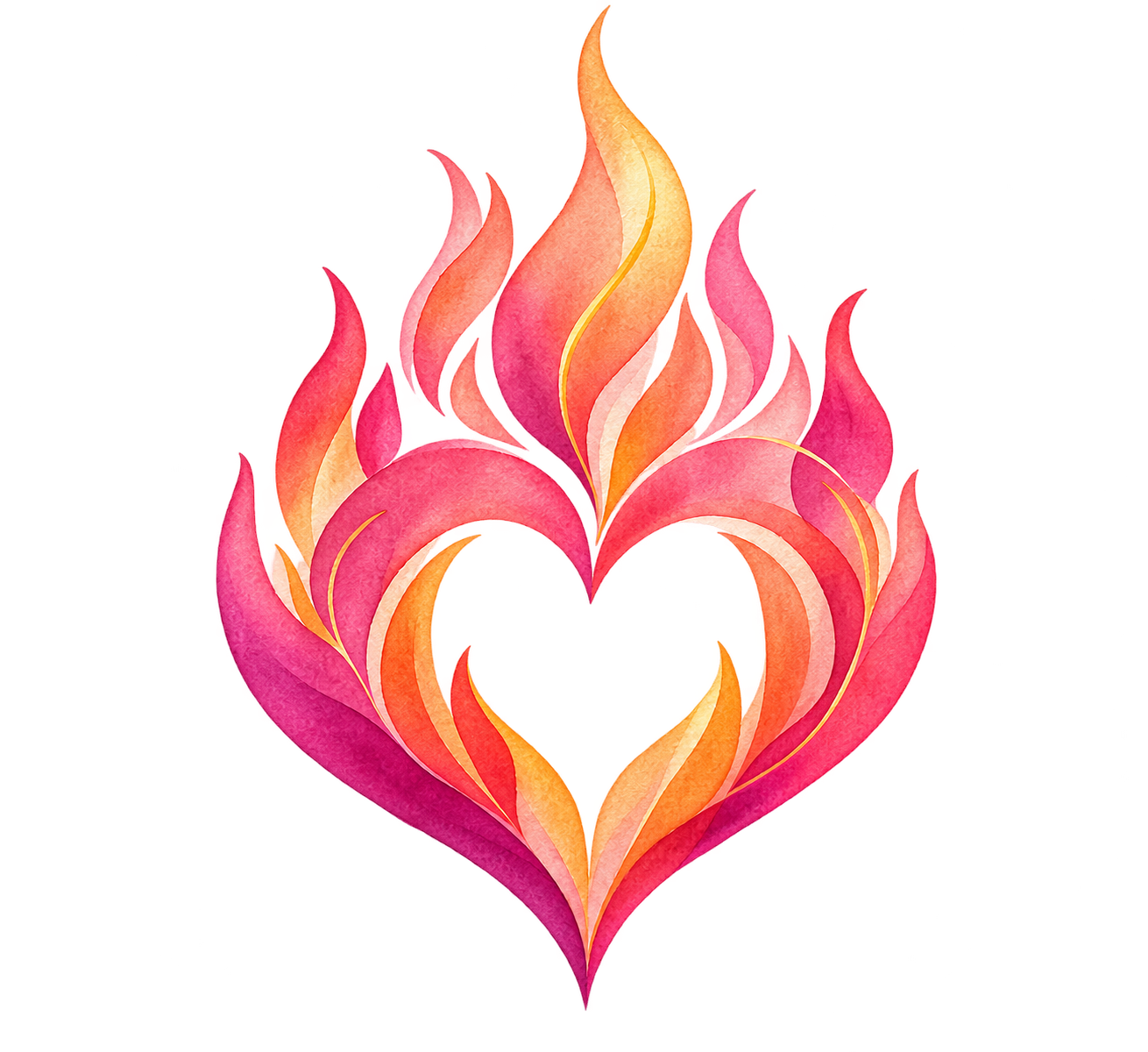 Watercolor heart formed from colorful flames